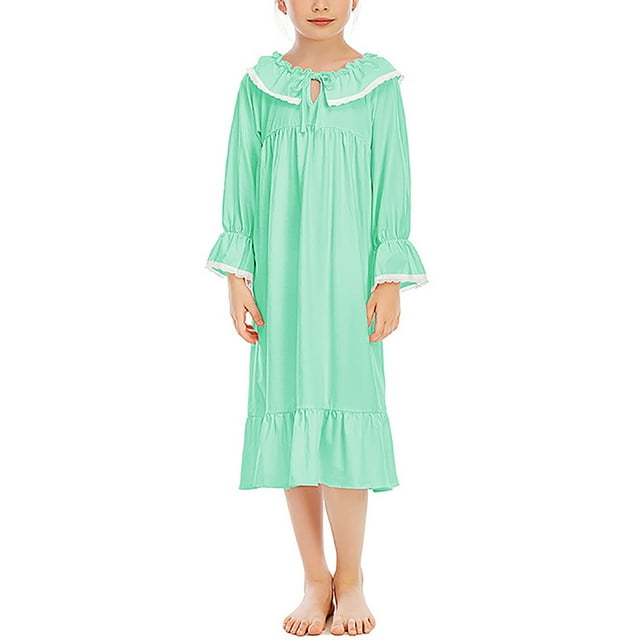 LSLJS Girls Longue Chemise de Nuit Pajamas Couleur Unie Mince Mignonne Robe en Dentelle Pliée, Tout-Petit Girl Pajamas
