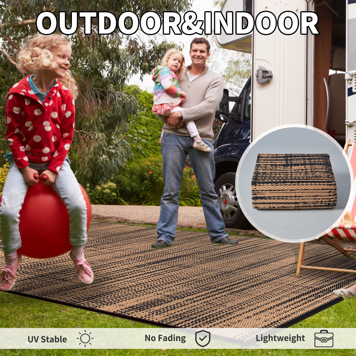 VUNATE Outdoor Rug Carpet 6'x9' Waterproof Reversible Patio Rug Portable Modern Abstract Indoor Outdoor Rug Plastic Straw Rug for RV Camping Garden Picnic Deck Backyard Porch Decor Black and Brown