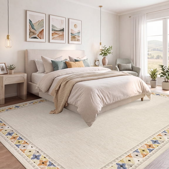 GlowSol 9x12 Washable Area Rug Modern Border Design - Soft Non Slip Pearl Velvet Printed Rug for Living Room Bedroom Nursery, Rice