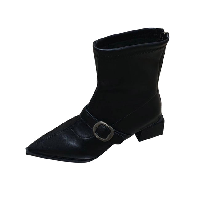 Women's Winter Boots Women's Comfortable HeightEnhancing Ankle Boots Pointed Toe, Large Size, Belt Buckle, Solid Color for Fall and Winter Black Ankle Boots