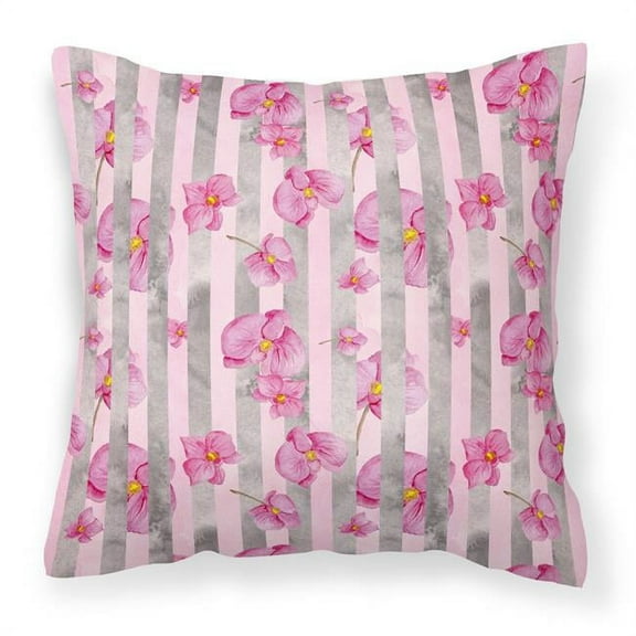 Watercolor Pink Flowers Grey Stripes Fabric Decorative Pillow, 18 x 18 in.