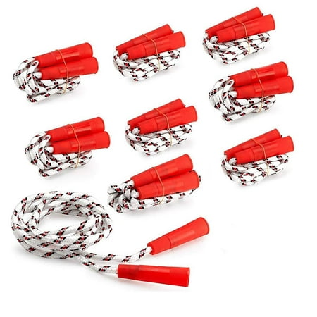 Kidsco Jump Rope Nylon With Plastic Handles 6.5 Inches – 8 Pack - White Jumping Rope With Red Stripes And Handles – For Kids And Adults - Sports, Outdoors, Fitness, Exercise, Fun, Play, Toy – (Best Rope For Logging)