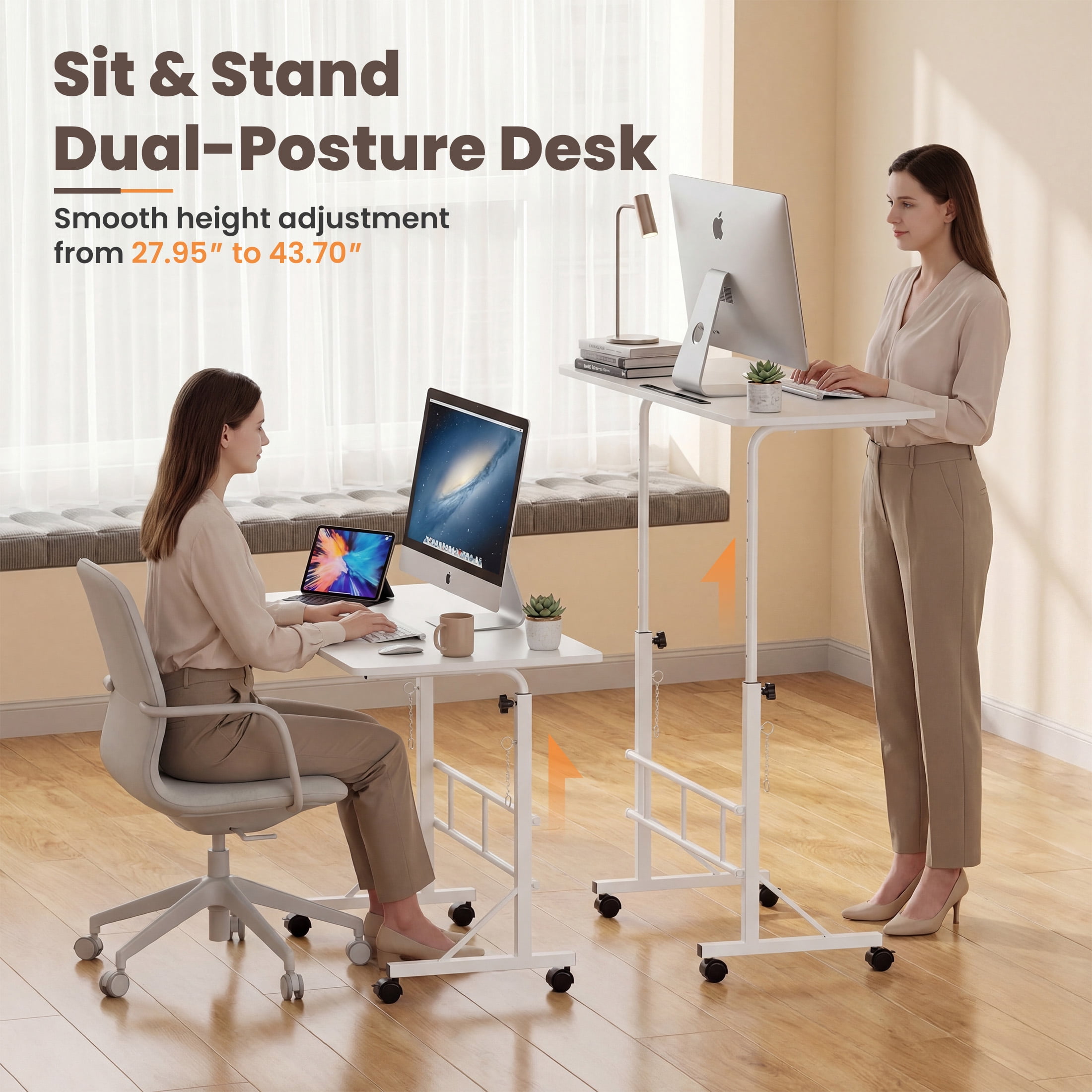 EDX Small Height Adjustable Standing Desk with Wheels, Mobile Rolling Computer Desk for Home Office, Sit Stand Laptop Desk for Walking Pad, White