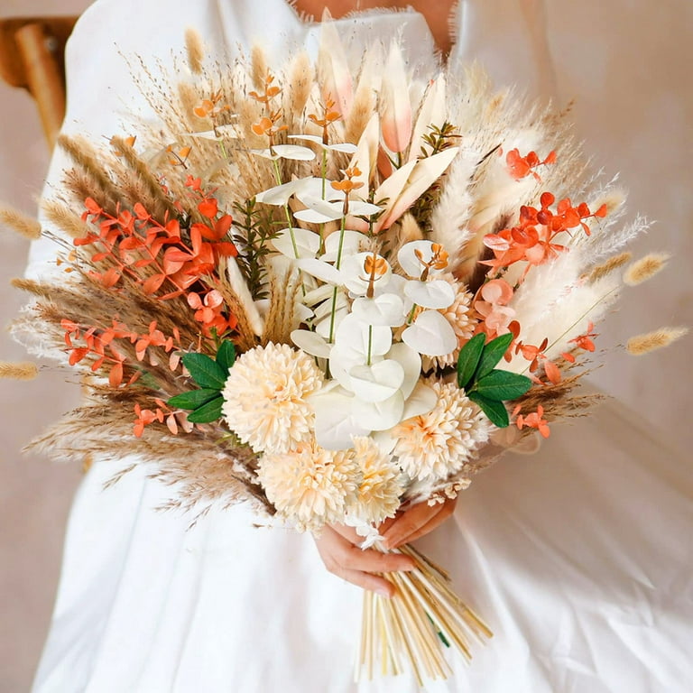 Natural Dried Flowers Bouquet Palm Fans, Gold Birch Branches Decoration,  White Bunny Tails Grass Red Flower for Fall Home Wedding Party Décor