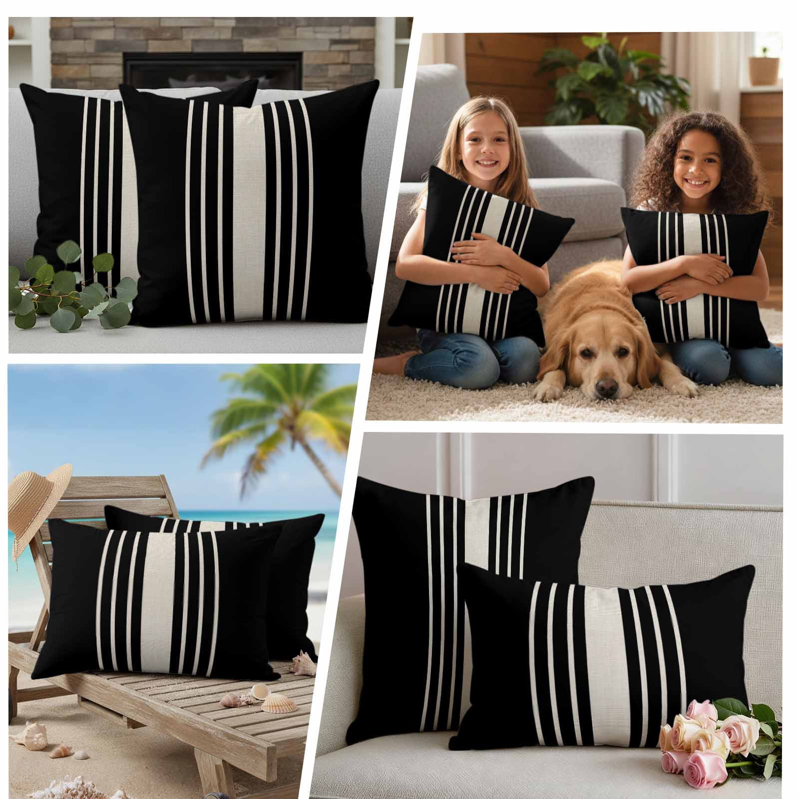 Black Beige Striped Outdoor Waterproof Pillow Covers, Modern Farmhouse Retro Lines Decorative Rectangle Throw Pillowcase Sofa Cushion Sham for Patio/Couch/Chair, 20"x12" 2 Pack