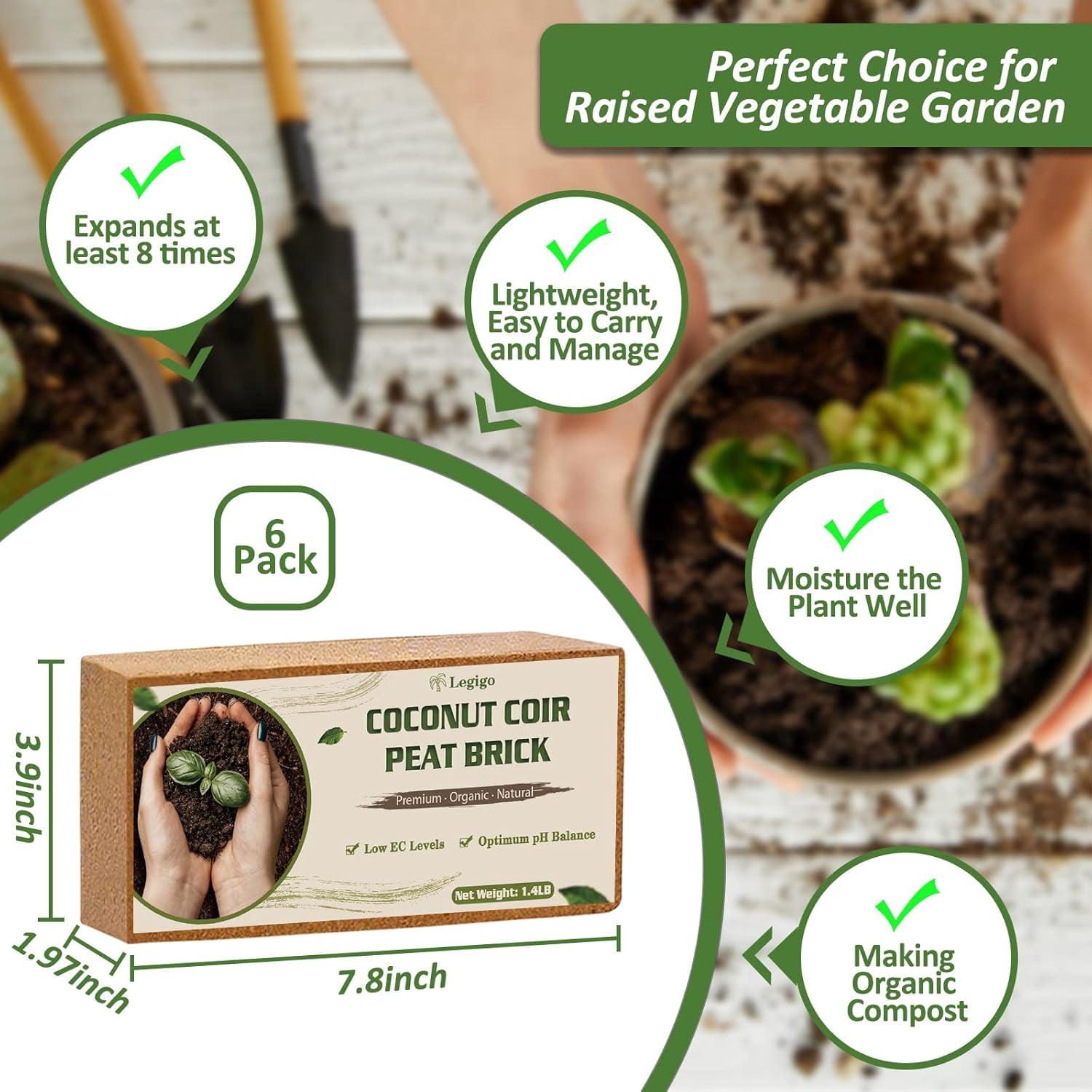 6 Pack Premium Coco Coir Brick for Plants- 100% Organic Compressed Coconut Coir Bricks Starting Mix, Coco Coir Fiber Coconut Husk for Planting, Gardening, Potting Soil Substrate, Herbs