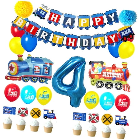 Fuliko Train 4th Birthday Decorations for Boys, 4 Years Old Birthday Party Supplies Including Number 4 Foil Balloons, Train Birthday Banner, Latex Balloons, Cake Topper for Train Themed Party