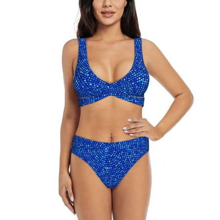 Zeuib Blue Circles Mosaic High Waisted Tummy Control Bikini Set - Knot Front Push Up Top & Cheeky Thong Bottom  Two-Piece Swimsuit for Women-Medium