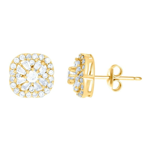 10k Yellow Gold Womens Baguette Round Cubic Zirconia Fashion Stud Earrings 9x9mm Wide Stud Earring for Women