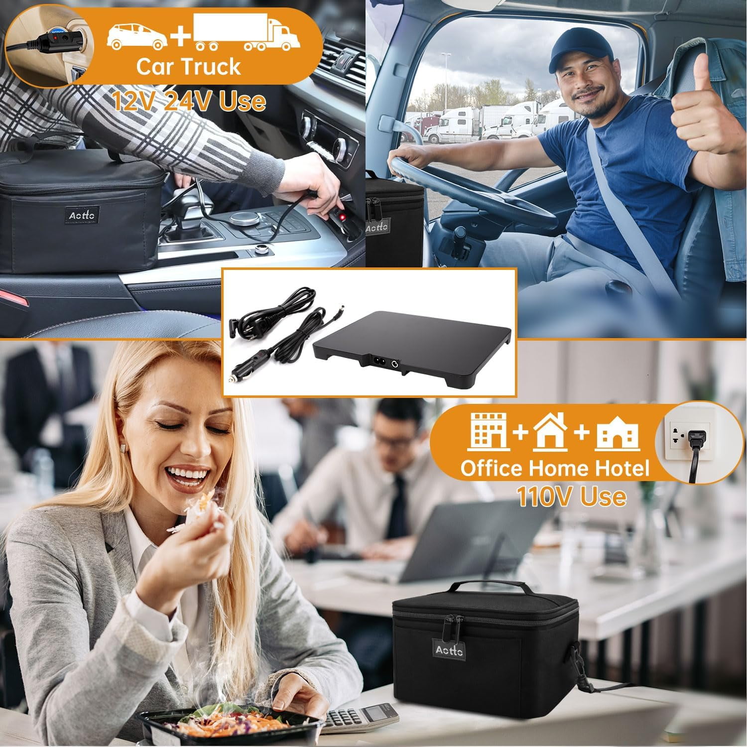 Portable Mini 12V/24V/110V 3-in-1 Car Food Warmer Electric Lunch Box Food Heater