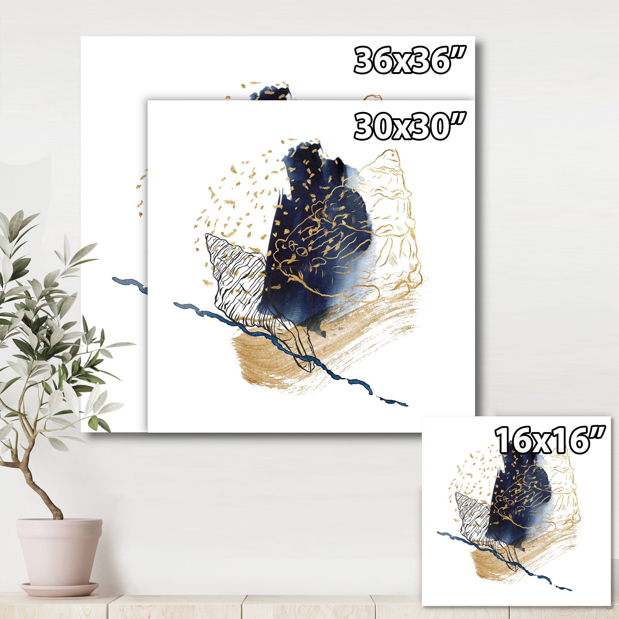 Designart ' Underwater Marine Life With Gold Shell Line Art ' Farmhouse Canvas Wall Art Print