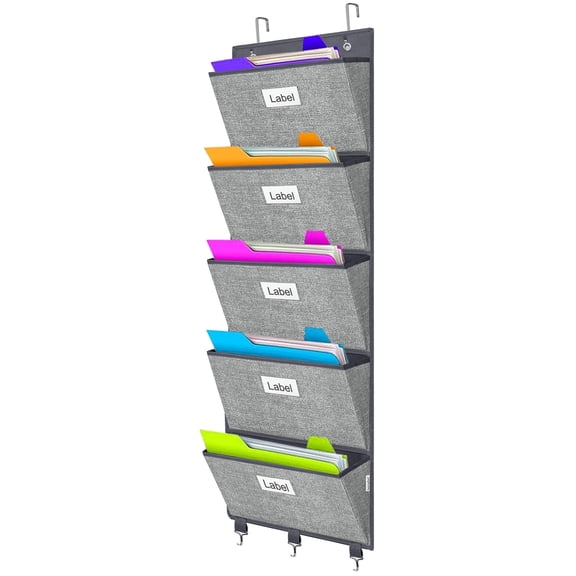 Over the Door Wall File Organizer, Hanging File Folders Organizer with 5 Large Pockets for Office and Back to School Supplies, Papers, Charts, Mails, Magazine Storage and Organization
