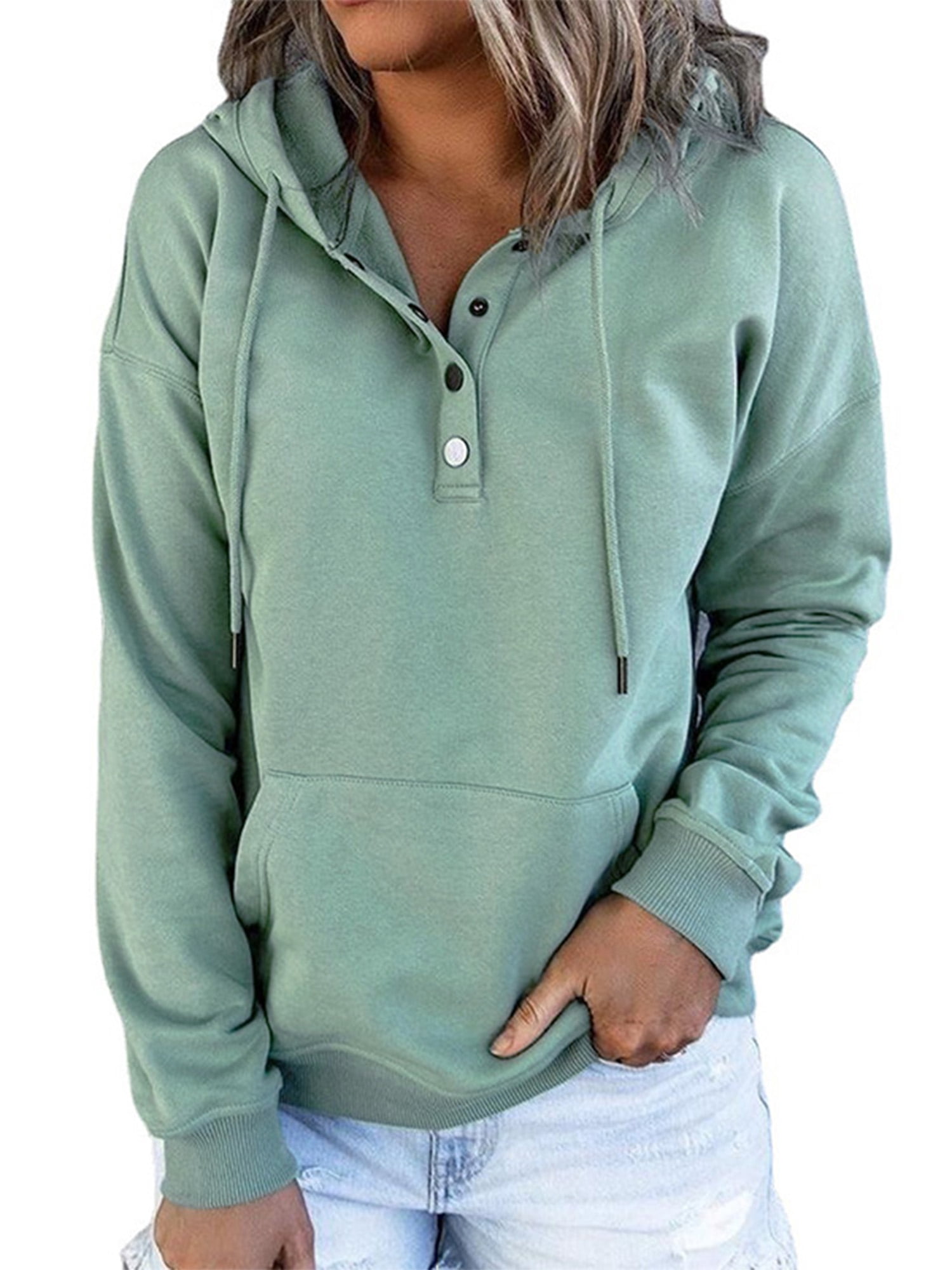 Plain Hoodies Pullover Button 