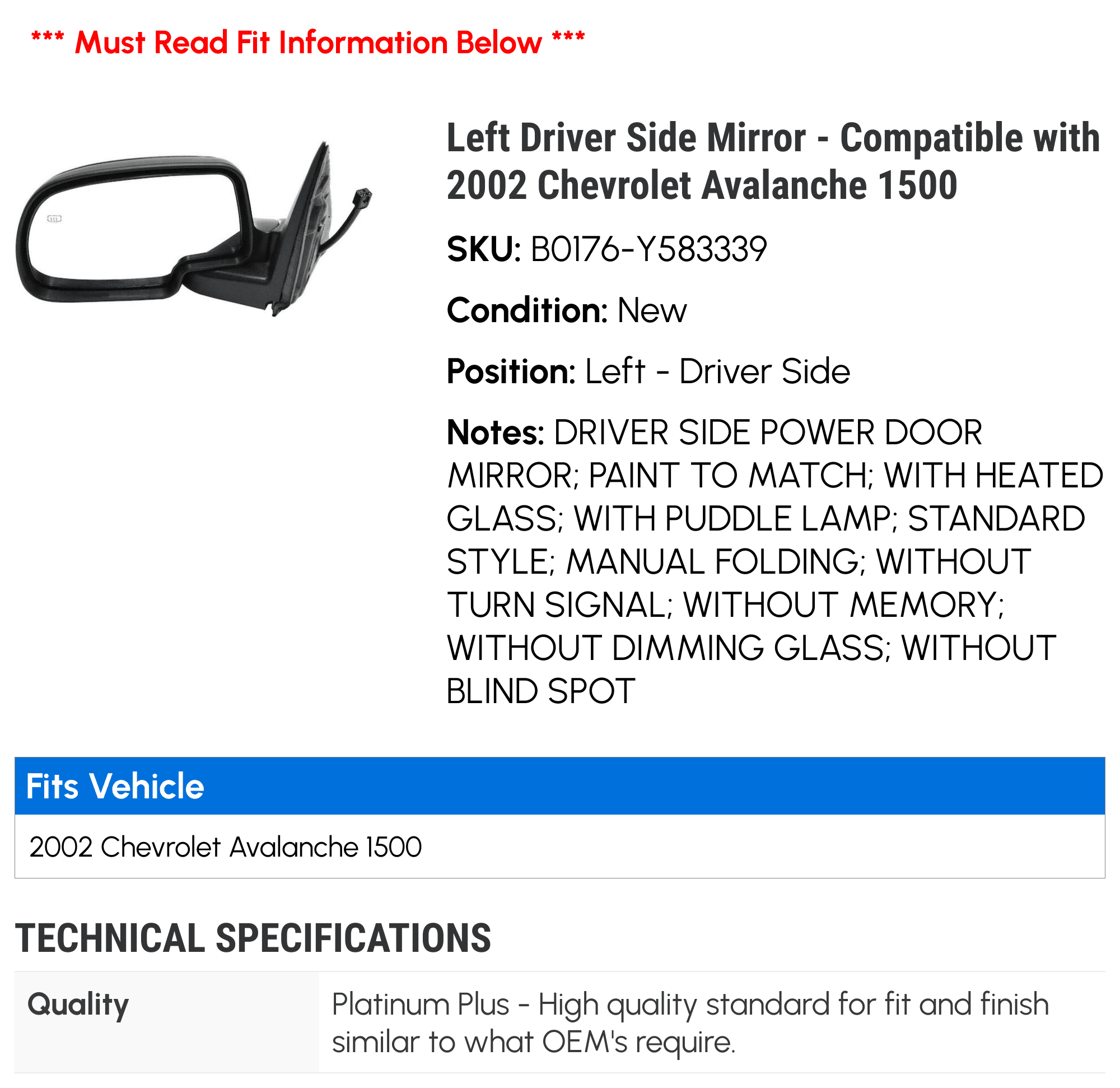 Left Driver Side Mirror - Compatible with 2002 Chevy Avalanche 1500