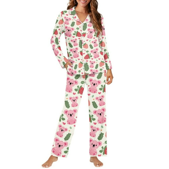 FOR U DESIGNS Strawberry Koala Pajama Sets for Women 2 Piece Button Down Long Sleeve Button Pajama Tops for Women Size XS Button Up Pajamas Pants for Women Winter