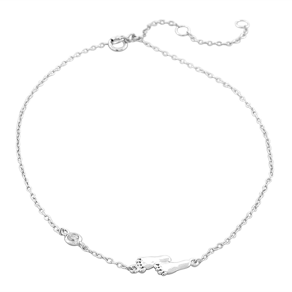 925 Sterling Silver Bezel-Set CZ Foot Feet Womens Link Chain Anklet Bracelet