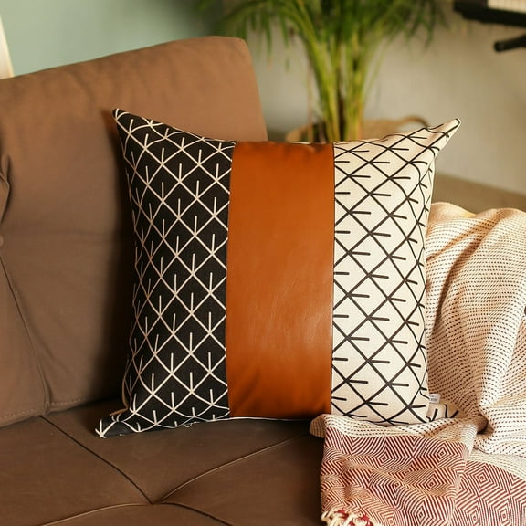 Boho Handcrafted Decorative Single Throw Pillow Cover Vegan Faux Leather Geometric 17" x 17" Brown & Ivory Square for Couch, Bedding