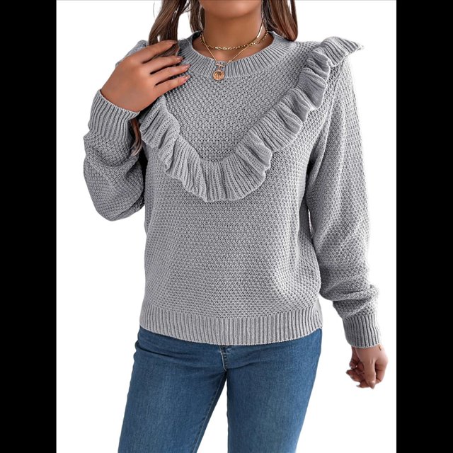 Suéter de Punto A Rayas para Mujer, Cuello Redondo, Larga, Holgado, para Otoño e Invierno Gris S