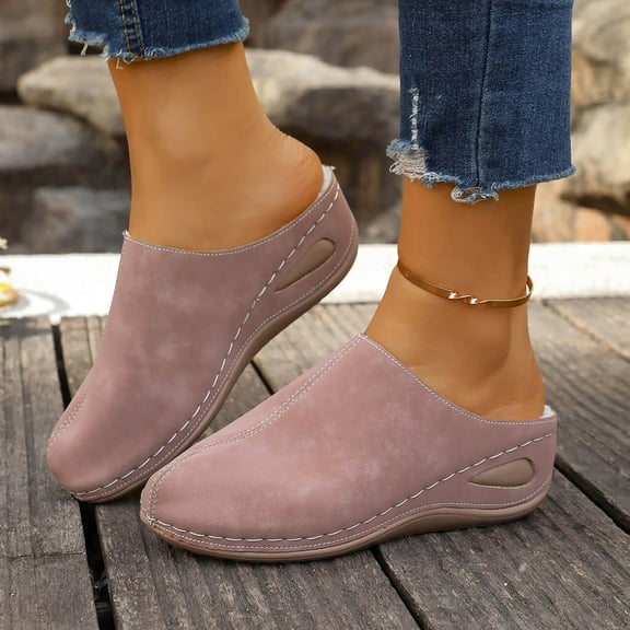 Wowcloth Women's Fleece Lined Closed Toe Slides with Wedge Heel - Solid Color Versatile Design for Casual and Home Wear, Wide Width Available