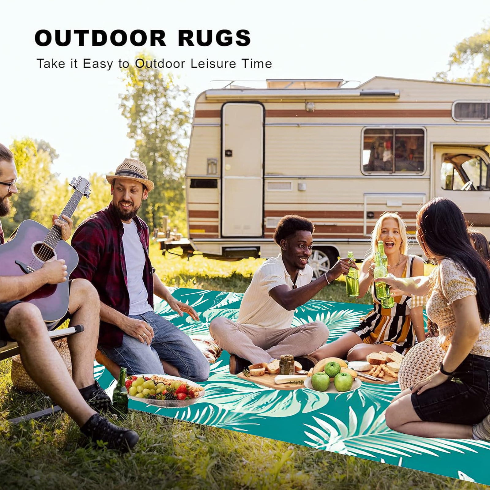Summercome Outdoor Patio Rug 4x5 Waterproof Porch Deck Rug Stain Proof Non Fade Washable Outside Rug Carpet, Large Indoor Outdoor Area Rug for Living Room Bedroom Home Office, Green Tropical Plants