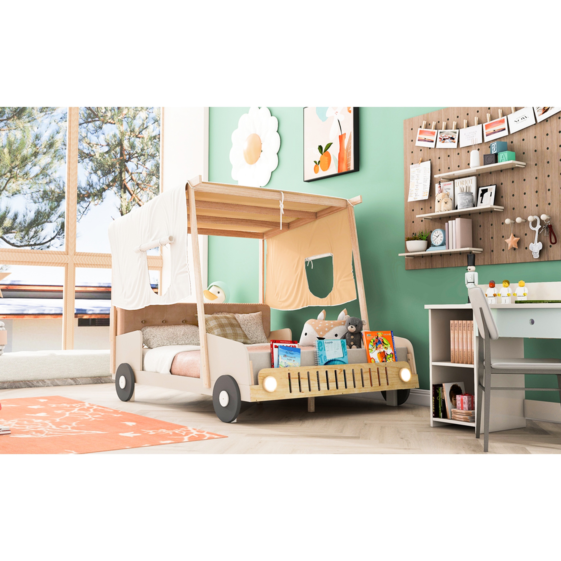Natural Wood Full Bed With Car Shape Led, Pillow & Magazine Slot Comfort Pillow, Flannel Cloth Led