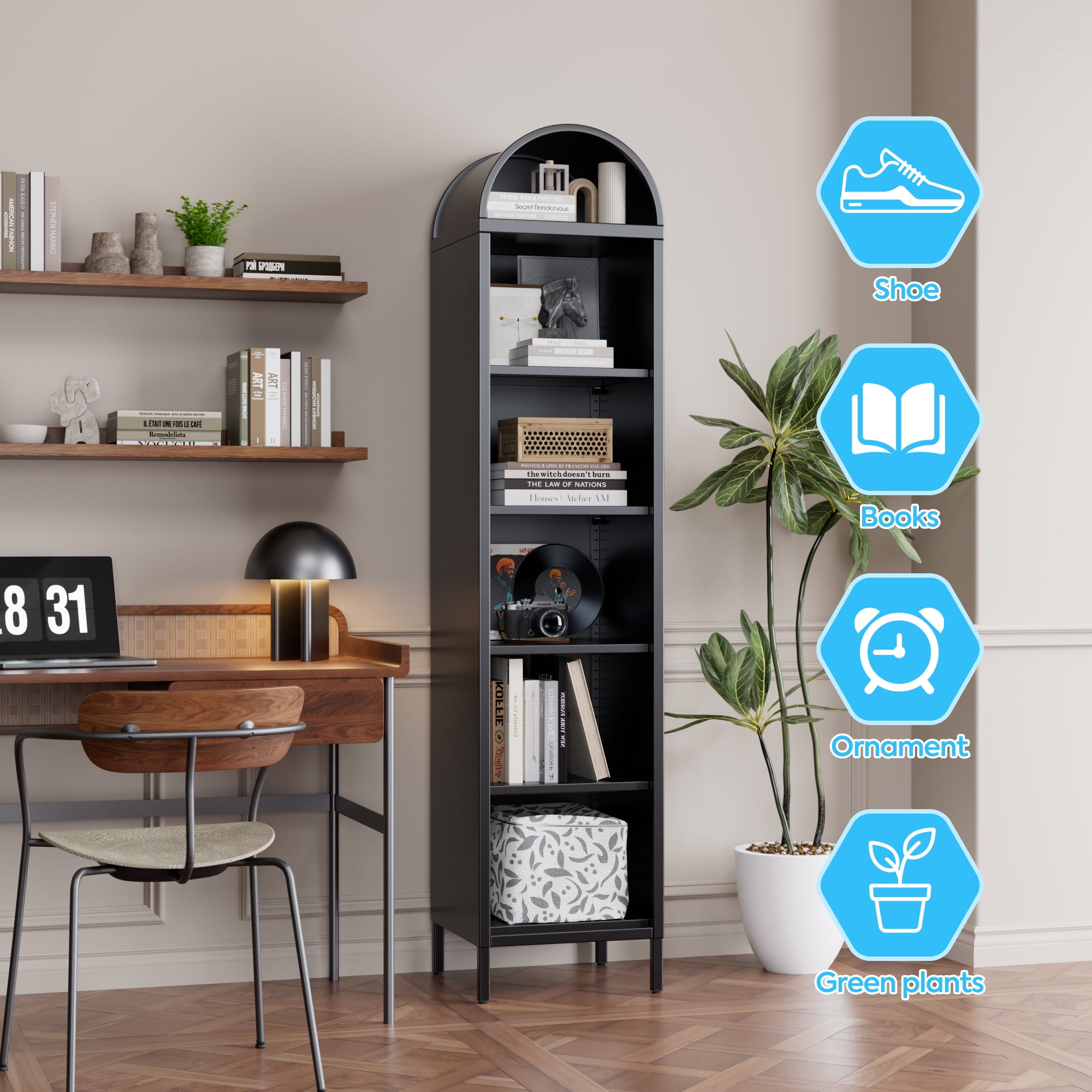 Aobabo Metal Arched Bookcase with 4 Adjustable Shelves,6 Tier Arch Display Bookshelf for Home, Office, Study Room, Assembly Required, Black,13.78"D x 16.26"W x 72.83"H