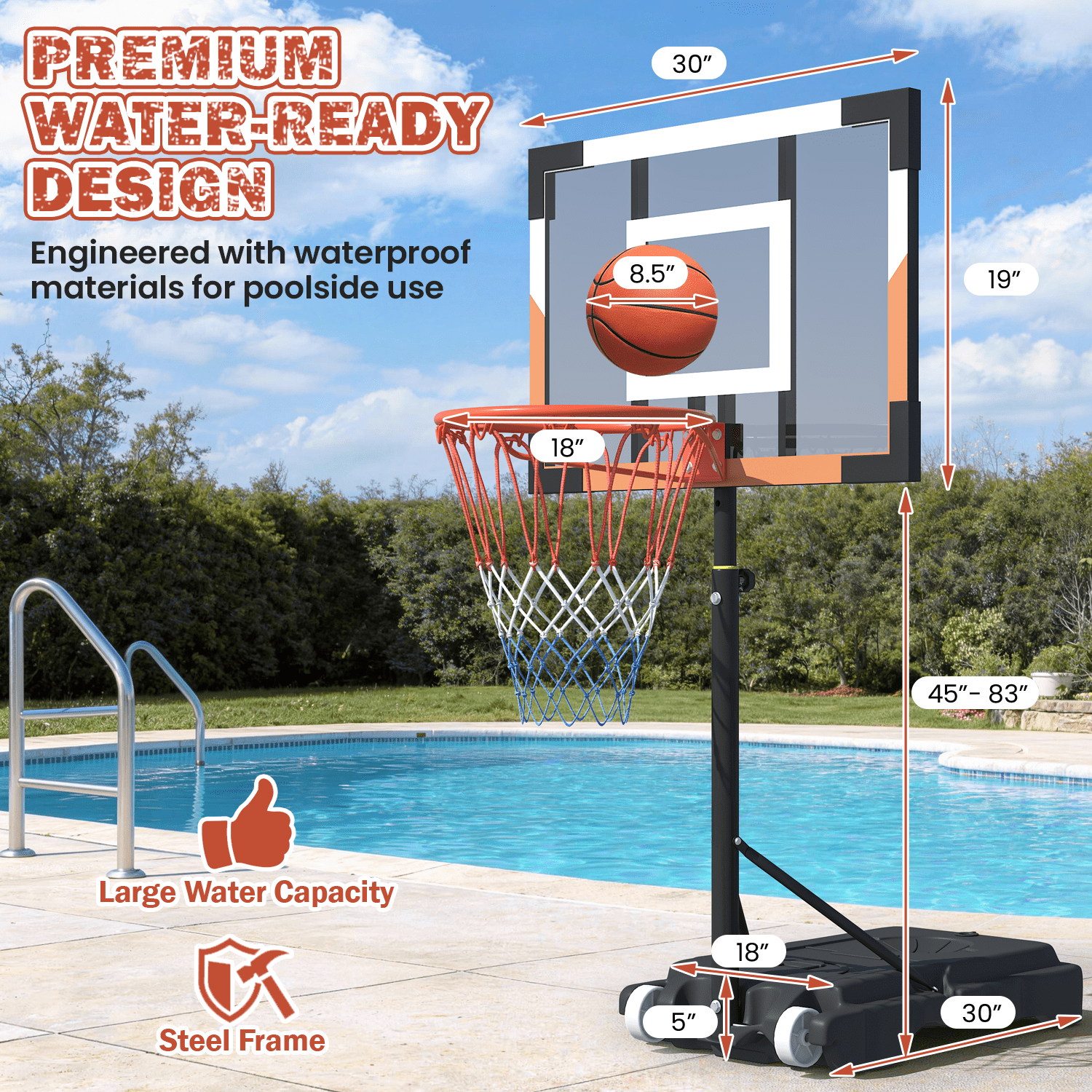 Bezliving Pool Basketball Hoop, Height Adjustable 3.9" to 6.9", Orange Steel Frame, Water Base, Includes Air Pump, 8-Inch Rubber Ball, Indoor & Outdoor Use