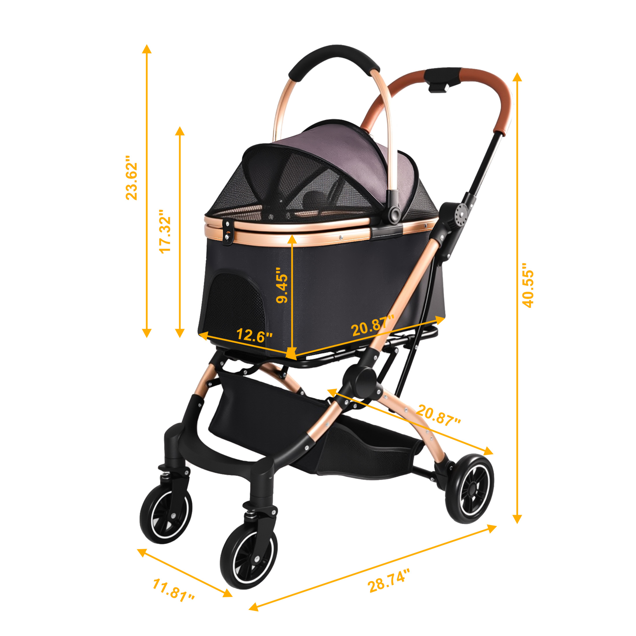 Noble House 2-in-1 Foldable Pet Stroller for Dogs & Cats with Detachable Carrier, Storage Basket, Black