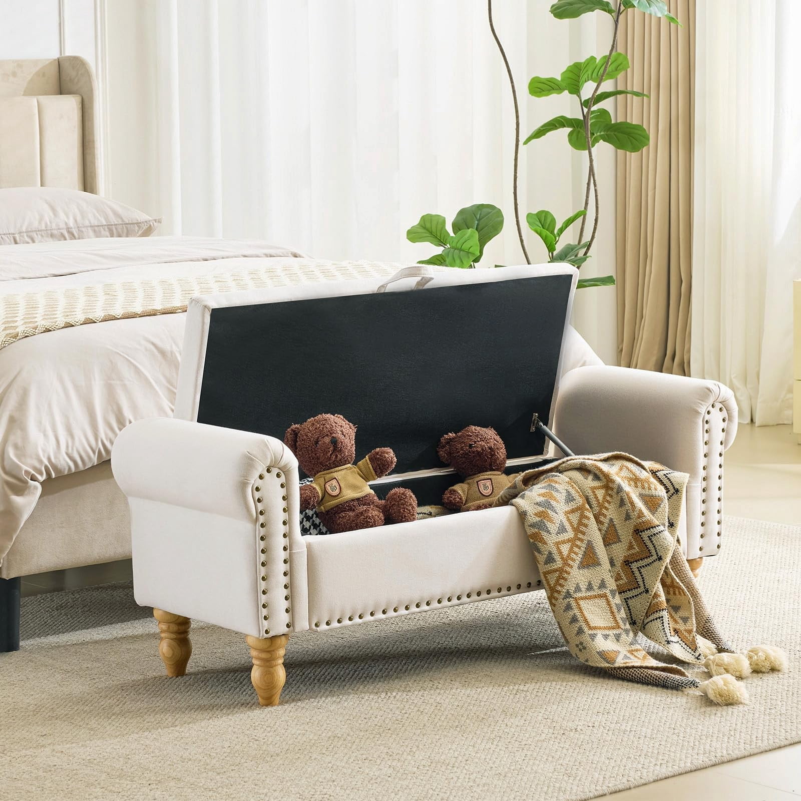 51.5" Storage Ottoman Bench for End of Bed, Upholstered Bedroom Bench with Hidden Storage, Rolled Arm Linen Bench for Entryway Living Room, Beige