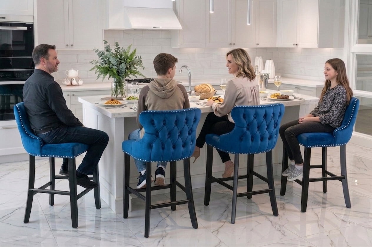 Bar Stool Set of 4, Legahome 26" Counter Height Bar Stools with Back, Velvet Upholstered Bar Stool with Button Tufted & Wooden Legs, Bar Stools Chair for 35-39" Kitchen Island Counter, Blue
