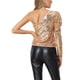 thumbnail image 3 of INSPIRAR CHIC Blusa de Mujer con Lentejuelas de Un Hombro, Manga Abullonada, para Fiesta de Cóctel, Brillante y Destellante, Color Champagne Dorado, 3 of 5