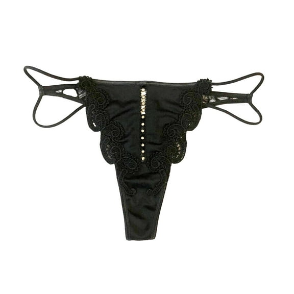 Victoria's Secret Shine Rhinestone Black Embroidery Lace Strappy Thong Panty Size M/L NWT