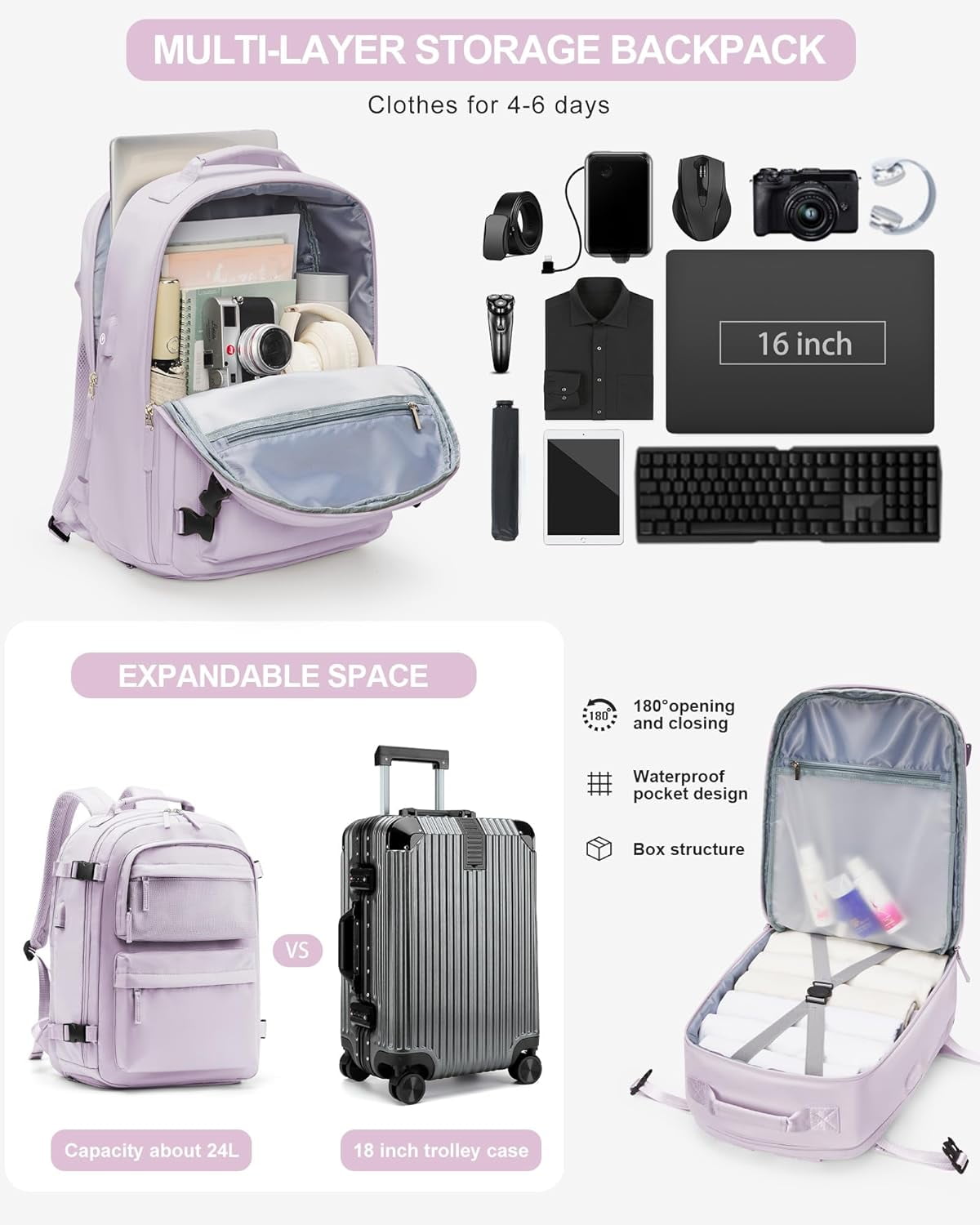 Travel Backpack For Women Waterproof Carry On Backpack 9X10X17 Personal Item Bag United Airlines Approved With Shoe Compartment Wet Pocket Usb Charging Port Pinkish Purple Walmart