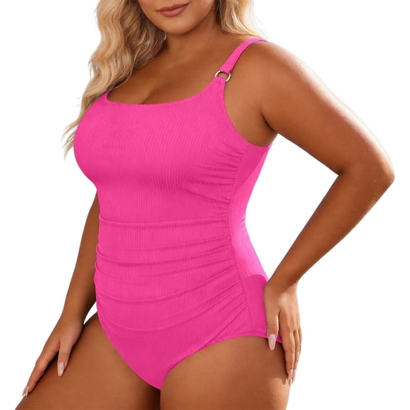 WAYUTE One Piece Swimsuit Women Ribbed Casual Pleated Swimsuit Plus Size Monokini Tankini for Beach Pool Tummy Control Swimwear