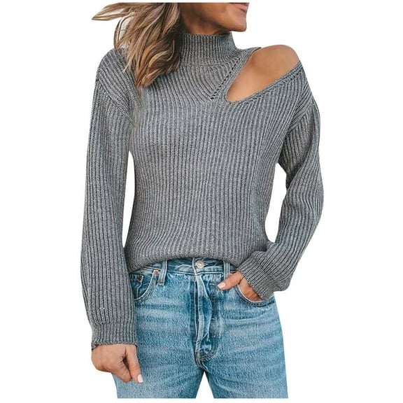 Fesfesfes Women Sweaters Solid Off Shoulder Turtleneck Long Sleeve Sweater Pullover Tops