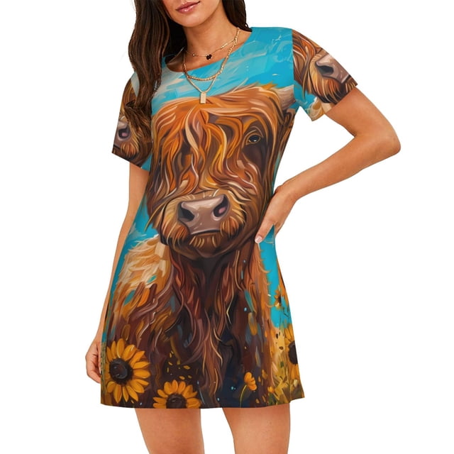 Disketp Cute Cow Sunflowers Art para Camisón Corto de Manga Corta para Mujeres, Camisón Cómodo con Escote Redondo, Bonito y Confortable