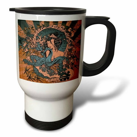 

3dRose Beautfiul Grunge Style Japanese Geisha Girl Woman And Dragon Oriental Asian Design Travel Mug 14oz Stainless Steel