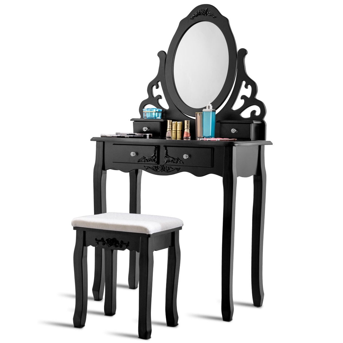 Ghp Black Nz Pine Mdf 4 Drawer Dressing Table Set With Rotating Mirror Stool