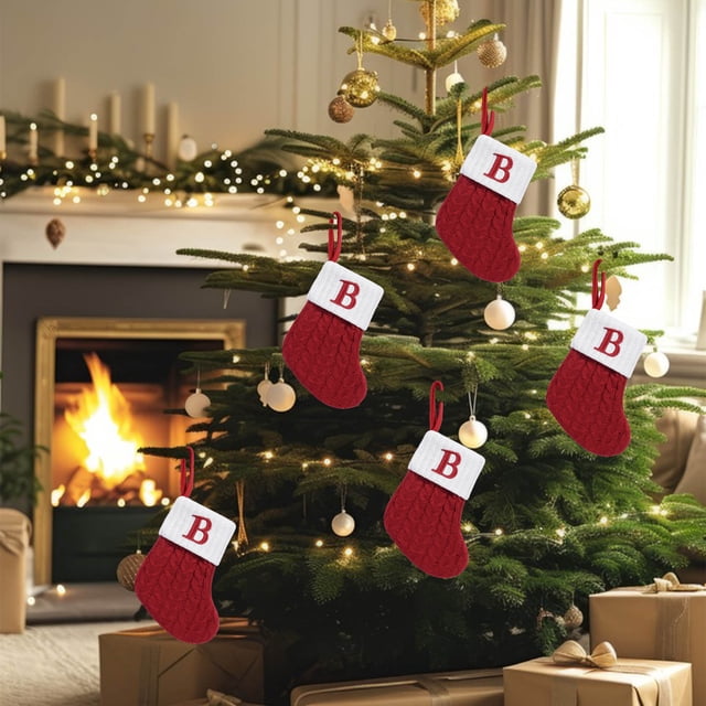 Knitted Christmas Stocking with Embroidered Letter - Children's Candy Gift Bag for Fireplace or Tree