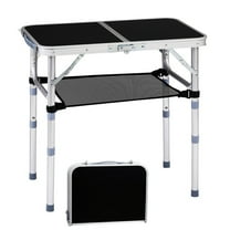 GZXS 2FT Black Folding Camping Table with Mesh Storage Shelf, Portable Aluminum Picnic Table with 3 Adjustable Heights, Lightweight Foldable Side Table with Carry Handle for Outdoor BBQ/Beach/Hiking