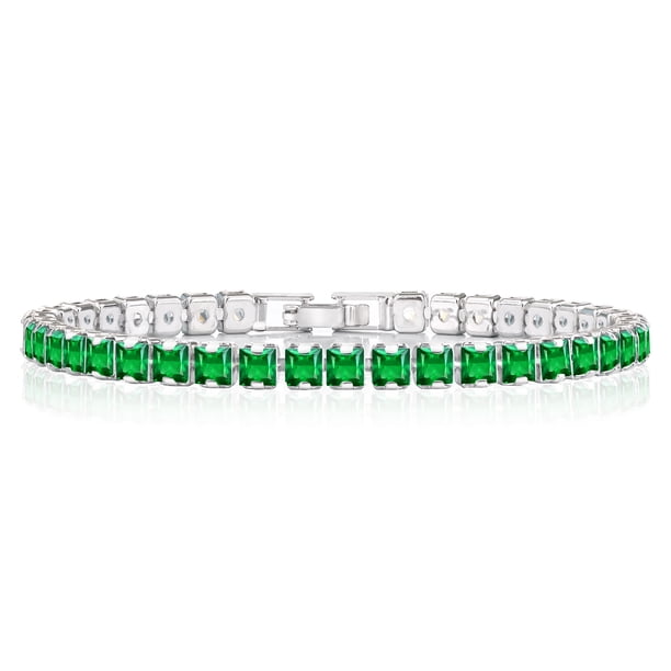 JeenMata Enorme Mayo de talla princesa de 11 quilates - Esmeralda - Pulsera de tenis con piedra natal para mujer Diseño de eternidad - Chapado en oro blanco
