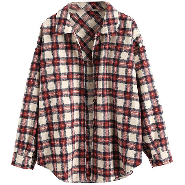 Women's Plaid Long Sleeve Button Down Wool Blend Shirt Jacket Blouse