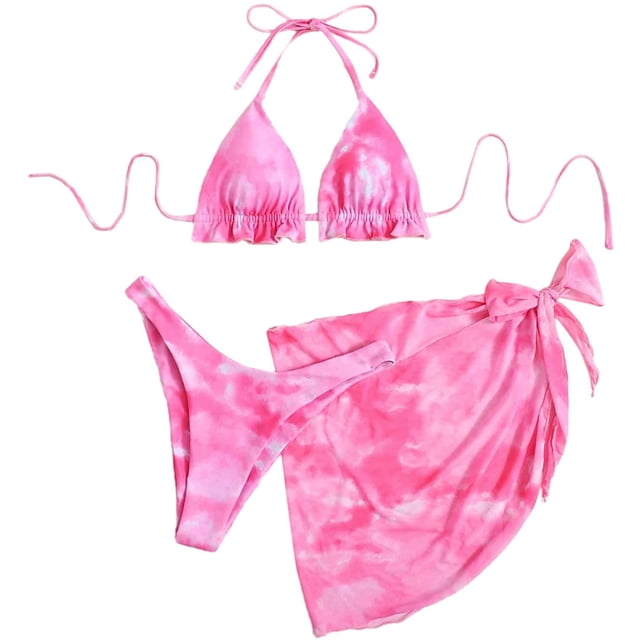 Women's 3 Piece Bathing Suit Triangle Bikini Swimsuit Set with Cover Up Skirt