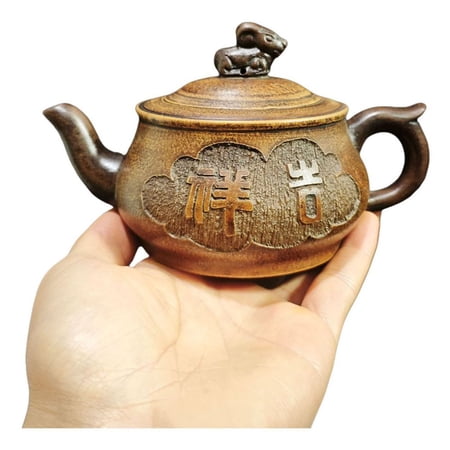 Vintage Yixing Teapot Exquisite Carving Chinese Ceremony Sheep Lucky Bamboo Rounded Globular Bulbous Curved Plump Carved