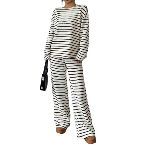Domzest Womens 2 Piece Sets Crew Neck Long Sleeve Striped Blouse Matching Elastic High WaistWide Leg Pants Casual Spring Fall Outfits Black S