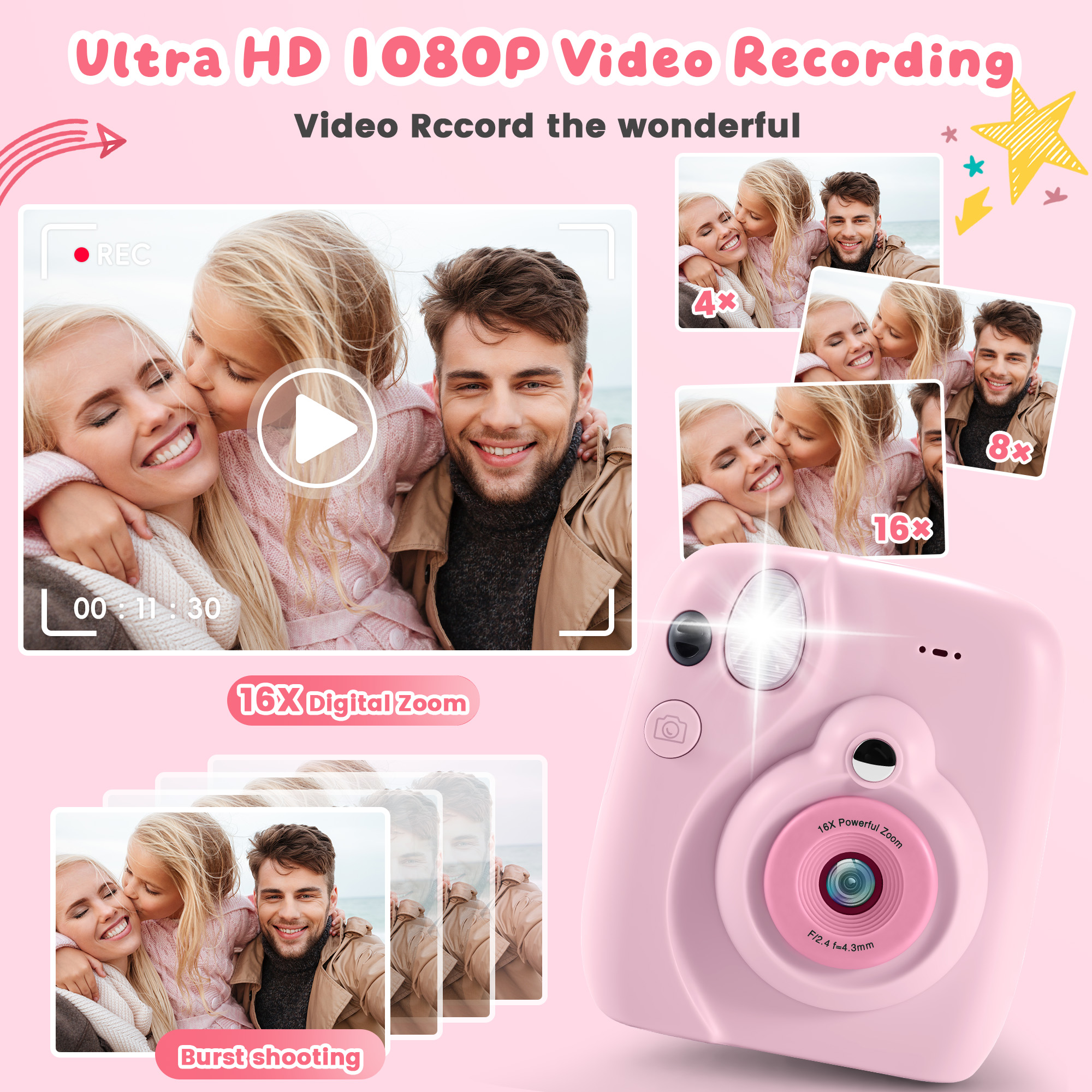 Yexmas Kids Instant Print Digital Camera 1080P Pink photo 8