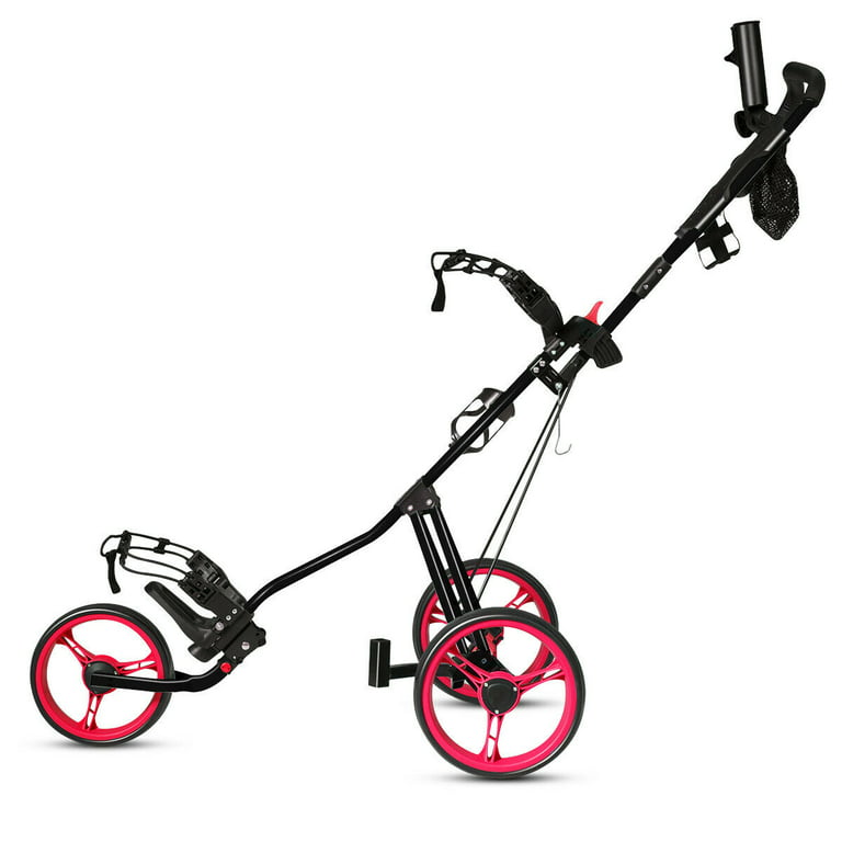 Costway Foldable 3 Wheel Push Pull Golf Club Cart Trolley w/Seat Scoreboard  Bag Red