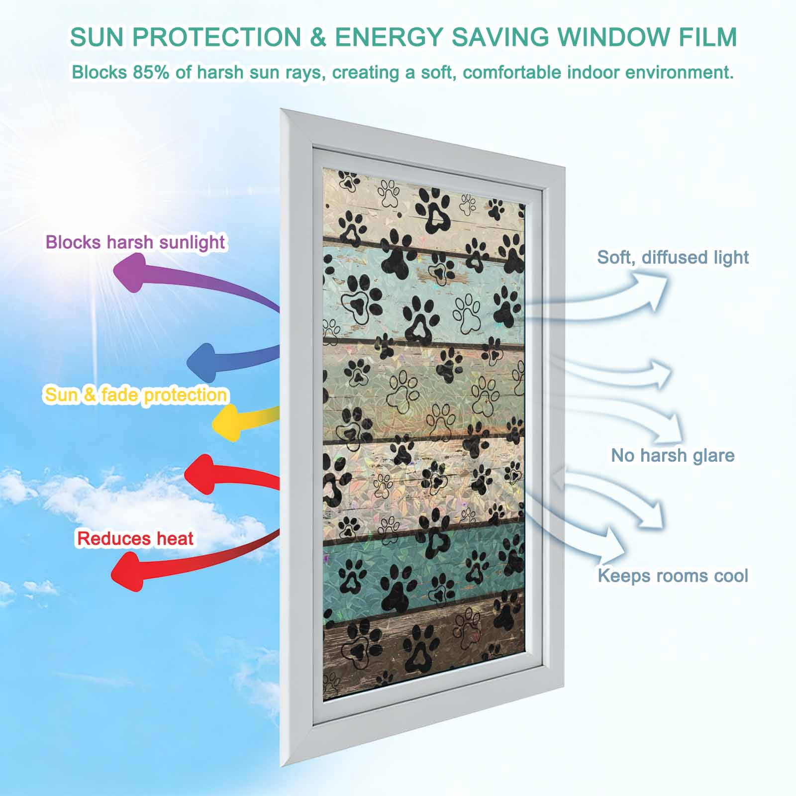 Sage Green Brown Paw Prints Window Privacy Film Rainbow Static Cling Stain Glass Window Film for Door, Decorative Sunroof Decal Sticker for Car Bathroom 17.7"x78.7" Vintage Farmhouse Wooden Grain