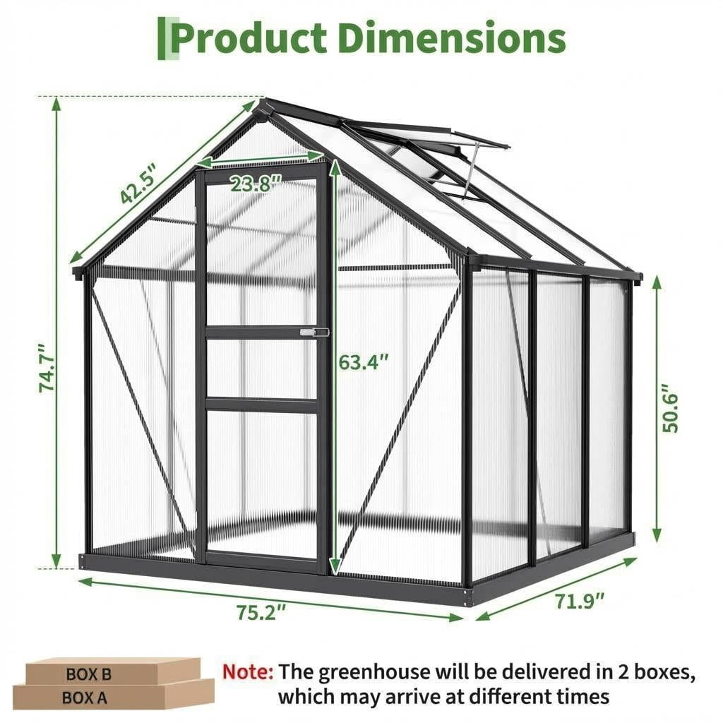 6x6ft Heavy Duty Walk-in Greenhouse, Aluminum Frame & Twin Wall Polycarbonate Panels, Ventilated with Rain Gutter System for Backyard & Patio Gardening