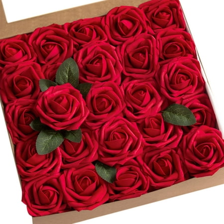 Artificial Flowers Roses, 50pcs Blush Real Looking Dark Red Fake Roses with Stem, Realistic Fake Roses for DIY Wedding Bouquets Centerpieces Bridal Shower Party Home
